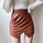 High Waist Asymmetrical Slit Faux Leather Mini Pencil Skirt