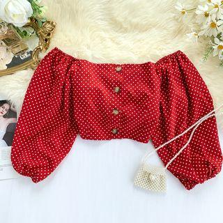 Dotted Off-shoulder Puff-sleeve Crop Top