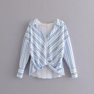 V-neck Long-sleeve Ruched Striped Shirt