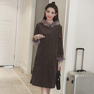 Furry Trim Corduroy Long Sleeve Dress
