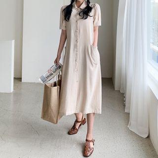 Round-collar Puff-sleeve Shirtdress With Sash