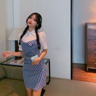Mock Two-piece Plaid Panel Short-sleeve Mini A-line Dress