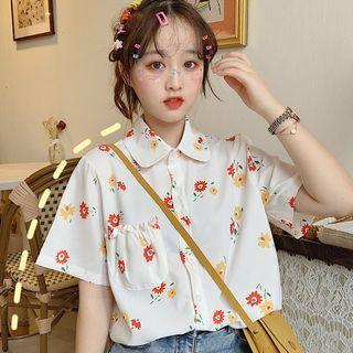 Flower Print Pocket Detail Short-sleeve Blouse