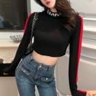 Long-sleeve Contrast Trim Cropped Top Black - One Size