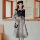 Set: Shawl + Long-sleeve Plaid Dress