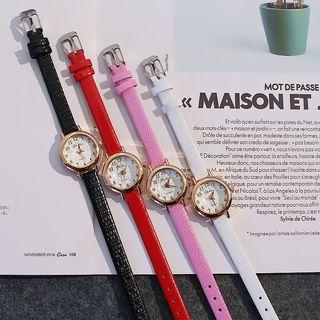 Round Faux-leather Slim Strap Watch Red Strap - One Size