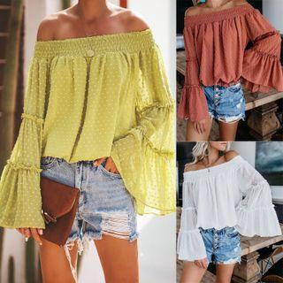 Off Shoulder Flare Sleeve Dotted Blouse
