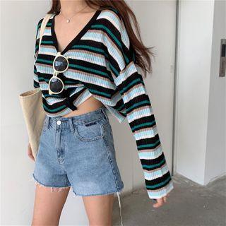 Cropped V-neck Color Block Striped Top