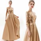 3/4 Sleeve Satin Panel Sequined A-line Evening Gown