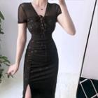 Glitter Lace Up Short-sleeve Sheath Dress