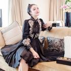 Long-sleeved Stand Collar Embroidered Pleated A-line Dress
