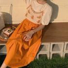 Puff-sleeve T-shirt / Floral Embroidered Camisole Top / Midi A-line Skirt