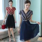 Short-sleeve Striped Panel Chiffon Dress