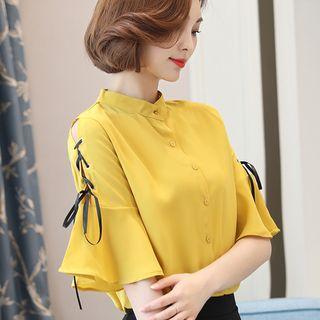 Stand Collar Elbow-sleeve Chiffon Blouse
