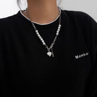 Heart Pendant Faux Pearl Chain Necklace Stainless Steel - One Size