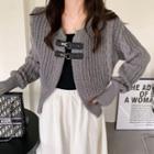 Buckled-front Cable Knit Cardigan Melange Gray - One Size