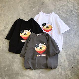 Elbow-sleeve Ramen Print T-shirt