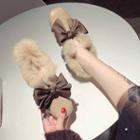 Square Toe Furry Trim Bow Chunky Heel Pumps