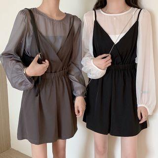 Long-sleeve Blouse / Spaghetti Strap Wide-leg Jumper Shorts