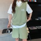 Set: Mock Two-piece Short-sleeve Lettering Shirt + Shorts