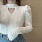 Puff-sleeve Keyhole Ribbed Knit Top