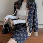 V-neck Pattern Cardigan / High-waist Knit Skirt