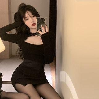Long-sleeve Plain Slim-fit Dress Black - One Size