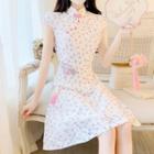 Cap-sleeve Floral Print A-line Qipao Dress