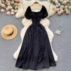 Puff-sleeve Square-neck Plain High-waist Maxi Dress