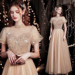 Short-sleeve Sequin Mesh A-line Gown