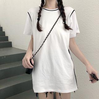 Short-sleeve Contrast-trim Long Top