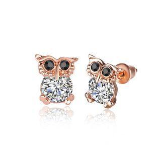 Fashion Elegant Plated Rose Gold Owl Stud Earrings With Cubic Zircon Rose Gold - One Size