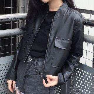 Cropped Faux Leather Zip Jacket As Shown In Figure - One Size