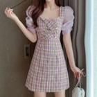 Puff-sleeve Plaid A-line Mini Dress / Camisole Top