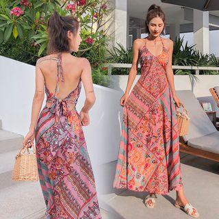 Halter V-neck Open Back Pattern Printed Maxi Sundress