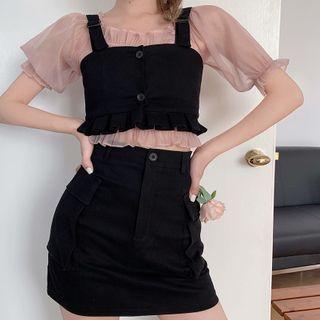 Puff-sleeve Blouse / Cropped Camisole Top / Mini Pencil Skirt