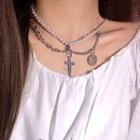 Alloy Cross Pendant Faux Pearl Layered Choker As Shown In Figure - One Size