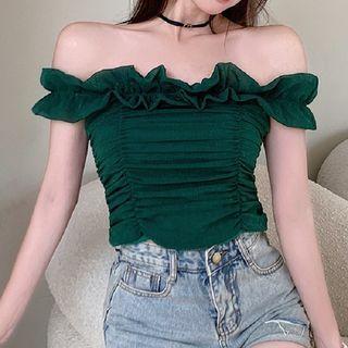 Short-sleeve Off-shoulder Ruffled Mesh Top