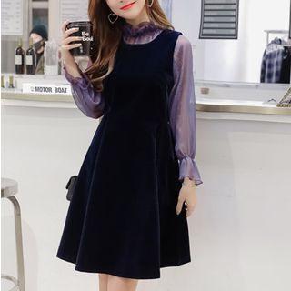 Set: Frilled Trim Collar Sheer Top + Velvet A-line Dress