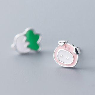 Non-matching 925 Sterling Silver Pig & Vegetable Earring 1 Pair - S925 Silver - One Size
