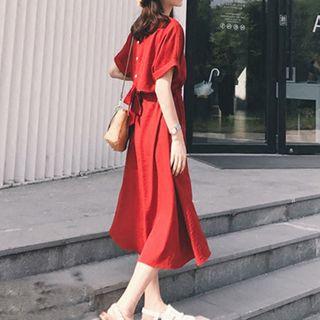 Short-sleeves Buttoned Back A-line Midi Dress