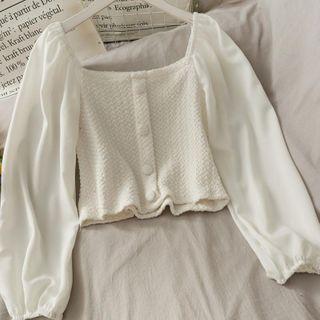 Puff-sleeve Cropped Knit Blouse