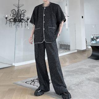 Set: Elbow-sleeve Embellished Button Shirt + Dress Pants