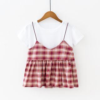 Set: Short-sleeve T-shirt + Spaghetti Strap Plaid Top