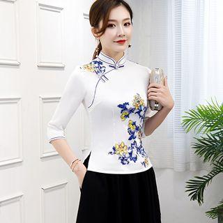 Flower Print 3/4-sleeve Hanfu Top / Midi A-line Skirt / Set