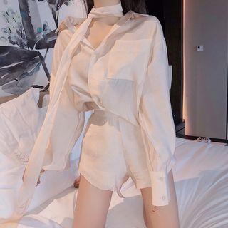 Long-sleeve Ribbon Shirt / Wide-leg Shorts