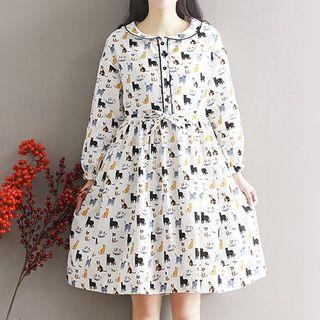 Cat Print Long Sleeve Collared Dress
