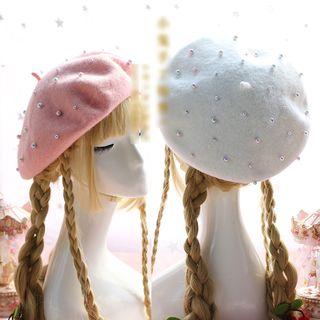 Faux Pearl Woolen Blend Beret Hat