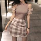 Cold-shoulder Striped Cropped Top / Gingham Mini A-line Skirt