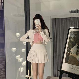 Plain Cardigan / Lace Up Cropped Camisole Top / Mini Pleated Skirt